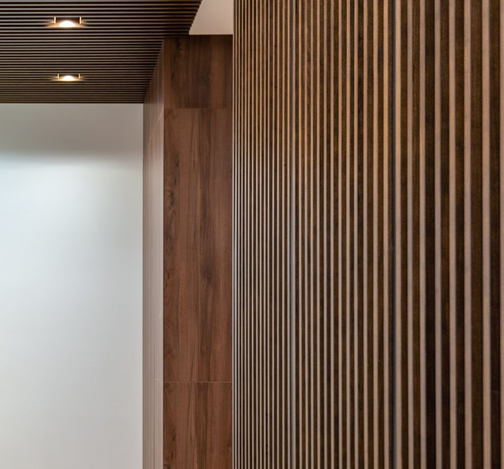 wood slat acoustic panel wall terrazzo
